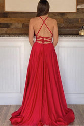 Satin A-line V-neck Long Prom Dresses With Slit, Evening Gowns,